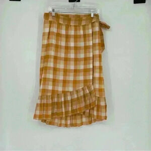 Lilla P Mad About Plaid Woven Wrap Midi Skirt‎ Ruffle Hem Yellow Orange White